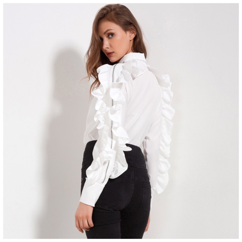 Eggshell White Zip Ruffle Sleeve Top - Picture 2 of 8